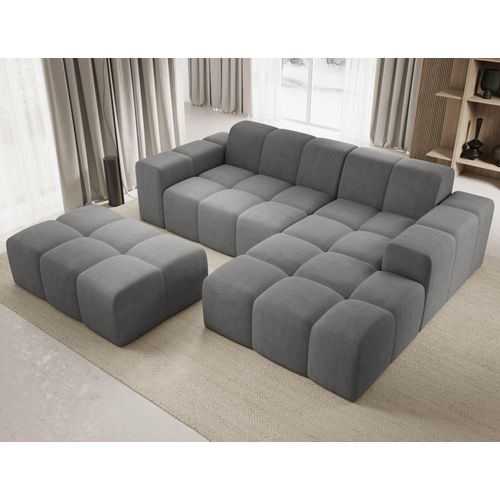 Sofa mit Hocker, Couch L-Form, Veloursstoff, Rechts Sofa, Grau Fogo