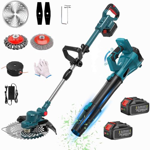 750W Akku Rasentrimmer & Laubbläser Set mit 2x 4,0Ah Akkus + Ladegerät – Kabellos Unkraut schneiden & Laub blasen für Garten
