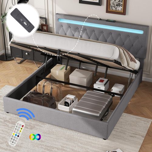 180 x 200cm Flachbett, gepolstert, hydraulisches Bett mit Hebemechanismus, farbwechselndes Umgebungslicht,grau