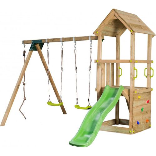 Spielturmking Spielturm LOFT mit Rutsche Doppelschaukel Kletterseil und Kletterwand - Limongrün DH716
