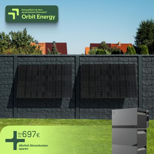 Balkonkraftwerk für Fassade mit 2 Modulen & Speicher Avocado Orbit M (6,33 kWh) - 5m Anschlusskabel - priWall Duo