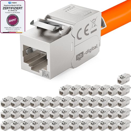 hb-digital 48x Keystone Modul CAT 6a RJ45 180° Anschluss frontale LSA-Öffnung Zinklegierung silber