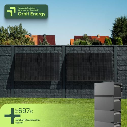 Balkonkraftwerk für Fassade mit 2 Modulen & Speicher Avocado Orbit M (8,44 kWh) - 5m Anschlusskabel - priWall Duo