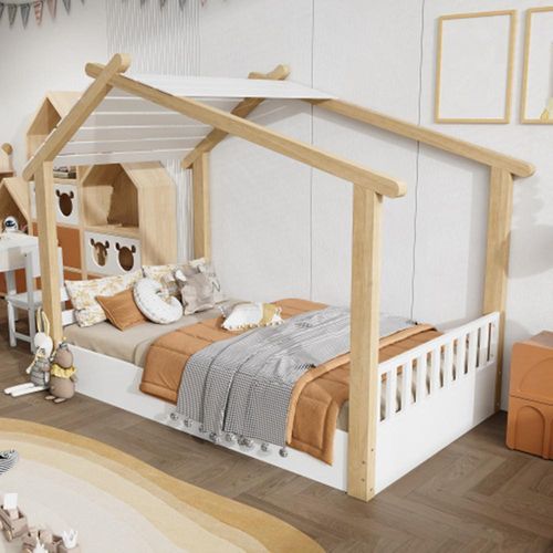 Holzbetten, Kinderbett, Einzelbett, Exquisites Holzhausdesign, Stabile Lattenroste, 90x200cm