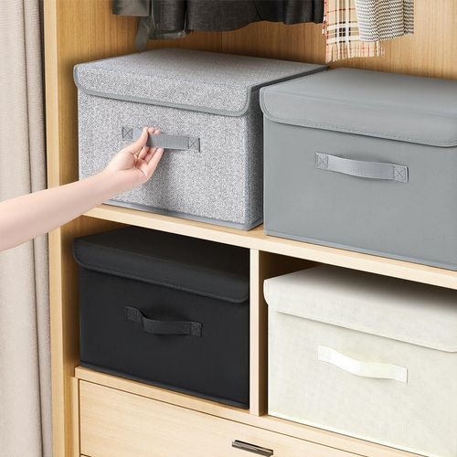 4 Stück Aufbewahrungsboxen mit Deckel, faltbare Aufbewahrungskiste mit Griff, Stoff-Aufbewahrungskorb, Aufbewahrungsboxen, Kleiderschrank, Organizer, Faltbox für Kleidung, Bücher, hellgrau