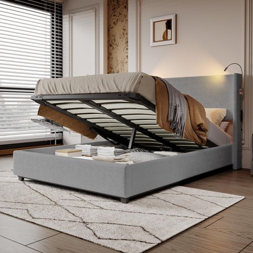 Gepolstertes Bett 140x200cm mit Lattenrost und Leselampen, Stauraumbett, Doppelbett, grau