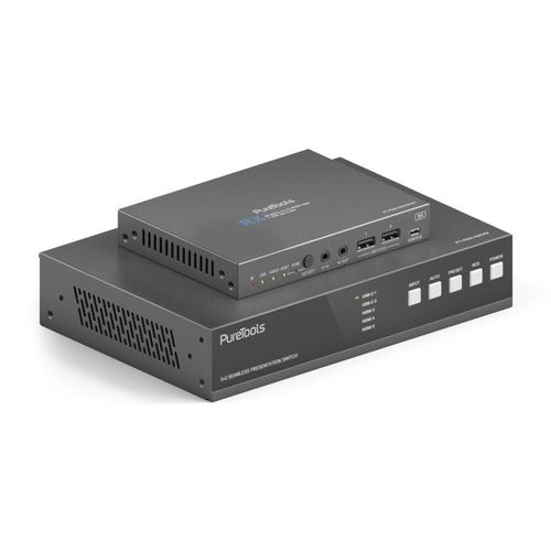 PureTools - 18Gbps USB-C KVM-Switcher mit Dante und Multiview, 4K (60Hz 4:4:4) über USBC / HDMI+USB, inkl. Multiview und Dante