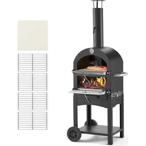 VEVOR Pizzaofen 12 Zoll Pelletöfen, 2-lagiger Pizzaofen mit Holzfeuerung, Holzbefeuerter Ofen Outdoor mit 2 abnehmbaren Rädern, Pizzamaker mit Höchsttemperatur von 540 °C zum Grillen
