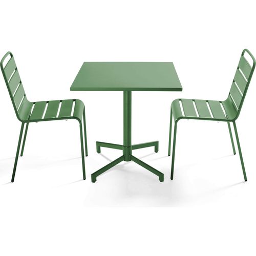 Set aus 70 cm Tisch und 2 Gartenstühlen aus Metall Kaktusgrün - Oviala Palavas