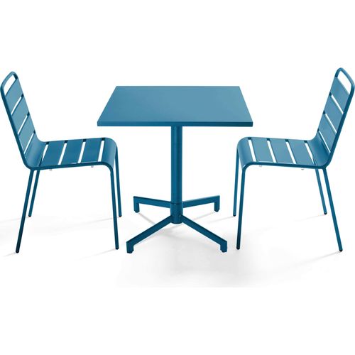 Set aus 70 cm Tisch und 2 Gartenstühlen aus Metall Pazifikblau - Oviala Palavas