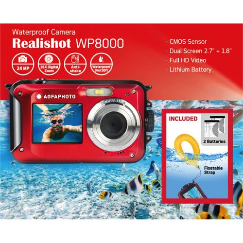 Kompaktkamera WP8000 rot Kit mit Schwimmgriff und zweitem Akku