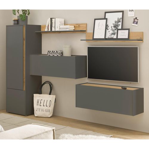 Wohnwand mit Sekretär Center in grau und Eiche Wohnkombination 5-teilig 250 cm