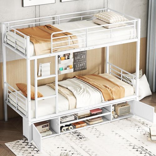 Kinderbettaufbau mit Schuhschrank & Schränken, stabiles Eisenbett, 90x200cm, Weiß