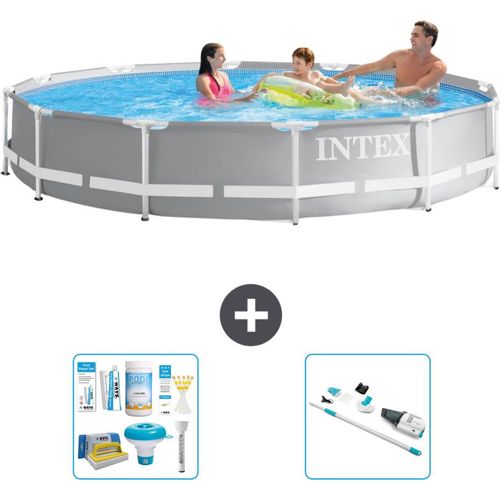 Intex Pool mit rundem Prismenrahmen – 366 x 76 cm – Grau – im Lieferumfang enthalten Wartungspaket - Staubsauger