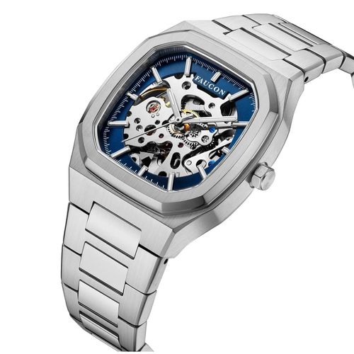 Faucon Octagon Automatik in blau / silber, Skelett Herren Armbanduhr, Uhr mit Analog Anzeige und Leuchtindizies, mechanisches Uhrwerk