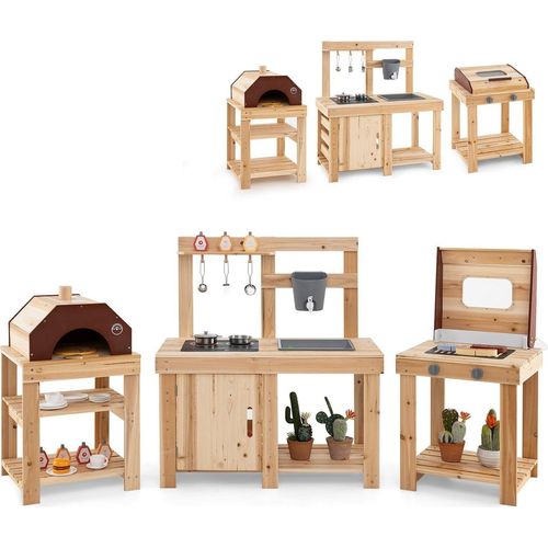 Spielküchen-Set aus Holz für draußen - Matschküche, Grill, Pizzaofen