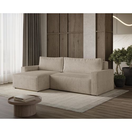 DEKORI_INTERIORS LIVIO L Ecksofa mit Schlaffunktion und Stauraum, weicher, dicker Cord, haustierfreundlich POSO 02