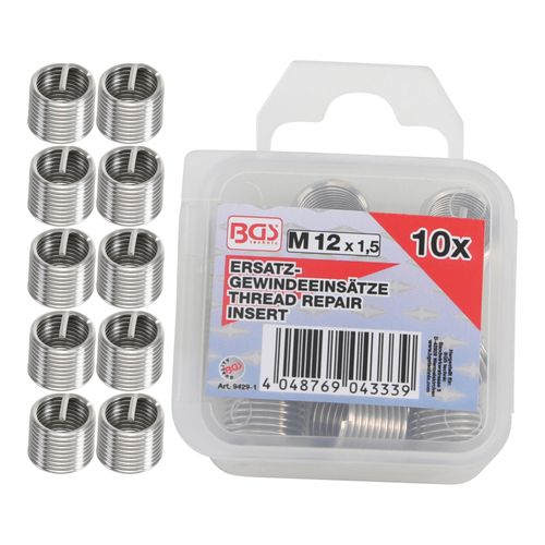 BGS technic Ersatz-Gewindeeinsätze M12 x 1,5 mm, 10-tlg. aus Stahl mit Gewindeeinsätzen für Gewindereparatur, 9429-1)