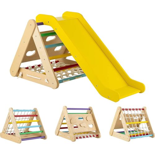 4 IN 1 Kletterdreieck mit Rutsche und Kletternetz, Indoor Klettergerüst, Sprossendreieck zum Rutschen und Klettern Kletterspielzeug, aus Holz für Kinder ab 1 Jahre (Bunt)