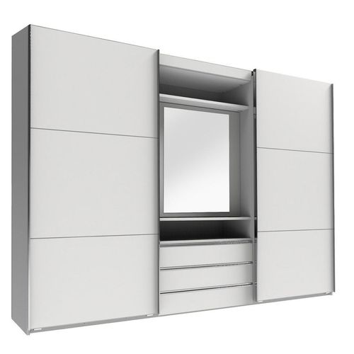 Mid.you Schwebetürenschrank Wimex Magic, Silber, Weiß, Metall, 5 Fächer, 3 Schublade(n) Schubladen, 300x216x65 cm, BQ - Bündnis für Qualität, Made in Germany, DIN EN ISO 9001, umfangreiches Zubehör erhältlich, in verschiedenen Größen Holzdekoren Schrankfront mit Spiegel, Schlafzimmer, Kleiderschränke, Schwebetürenschränke