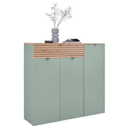 Voleo Schuhschrank, Grün, Eiche Artisan, Metall, 7 Fächer, 1 Schublade(n) Schubladen, 136x125x41 cm, Typenauswahl, Beimöbel erhältlich, stehend, Garderobe, Schuhaufbewahrung, Schuhschränke