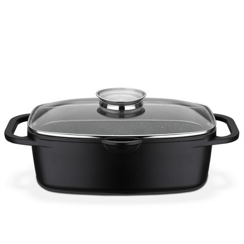 GSW Bräter Gourmet Granit, Schwarz, Metall, 6 L, rechteckig, 21x33 cm, ISO 9001, mit Dampfablass, backofengeeignet, Aromaknopf,hitzebeständige Griffe, kratzfest, rostfrei, antihaftbeschichtet, energiesparend, Deckel hitzebeständig, Thermoboden, Grillboden, schadstofffrei gemäß EU-Standards, Kochen, Töpfe, Bräter