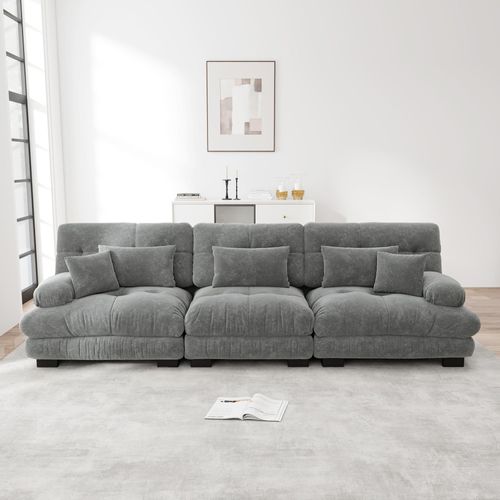 3-Sitzer Modulares Ecksofa mit Tiefensitz, 80% Chenille Schlafsofa Komfortabel Gepolstert für Wohnzimmer, Apartment, Studio, Büro, 80% Chenille Grau