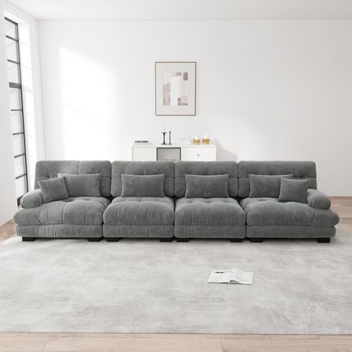 4-Sitzer Modulares Ecksofa mit Tiefensitz, Chenille Schlafsofa Komfortabel Gepolstert für Wohnzimmer, Apartment, Studio, Büro, Chenille Grau
