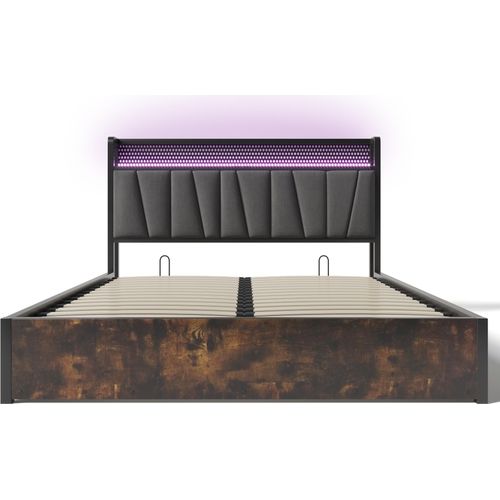 Metallbett 160x200cm Polsterbett (Ohne Matratze) Grau Leinen Doppelbett Mit USB Ladefunktion und LED-Beleuchtung Lattenrost aus Holz