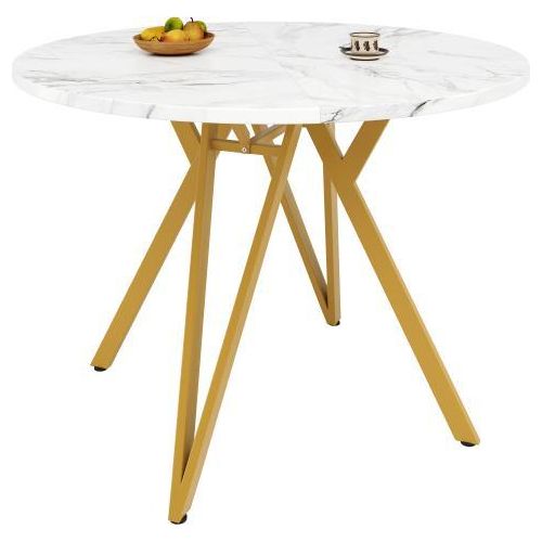 Runder Esstisch 100x100x76cm Kuechen-Esstisch Couchtisch 4 Personen Stilvolle Metallbeine MDF Marmor-Tischplatte Gold Geeignet Esszimmer Wohnzimmer