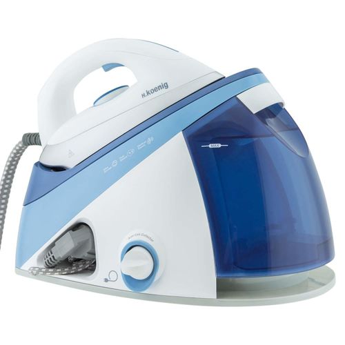 H.Koenig V24 hochdruck Dampfbügelstation / gleichbleibender Dampfausstoß: max 150 g/min / Keramik-Spezialsohle / horizontale und vertikale Dampfstoßfunktion / 5 bar / 1,1 Liter Kapazität / blau