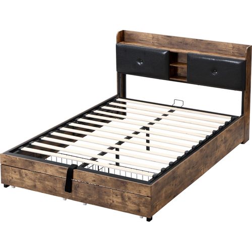 Metallbett 160x200cm HydraulikbettOhne MatratzeJugendbett Doppelbett Holzfarbe und Schwarz mit Stauraum-Kopfteil Erwachsenebett Kinderbett