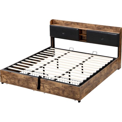 Metallbett 180x200cm HydraulikbettOhne MatratzeJugendbett Doppelbett Holzfarbe und Schwarz mit Stauraum-Kopfteil Erwachsenebett Kinderbett