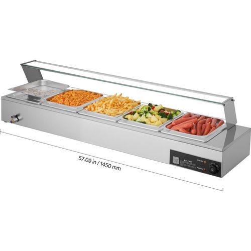 Speisenwärmer - Buffet-Wasserbad Bain-Marie - 5x GN 1/2 Behälter - 1,5 kW Leistung - Glasabdeckung - Edelstahl - Für Restaurant, Party & Buffet