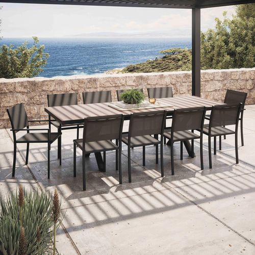 Ausziehbarer Tisch, Kreuzbeine, Holz, 8 Stühle und 2 Sessel Braun - Oviala Tivoli