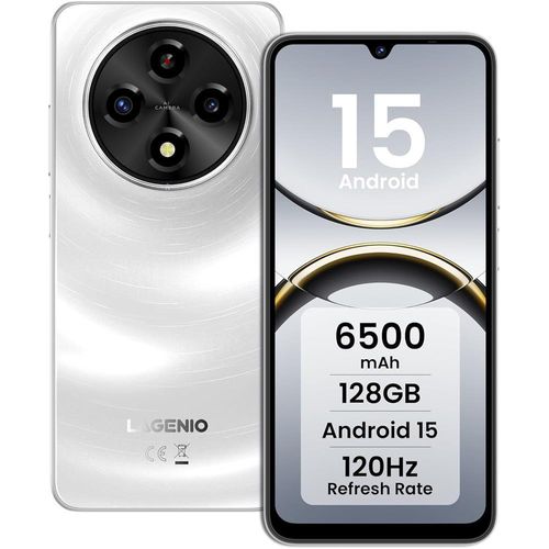 LAGENIO A12 Weiß Smartphone Ohne Vertrag Android 12GB RAM + 128GB, 13 MP AI Kamera, Handy 6,9 Zoll 120Hz Display 6500mAh, GPS, Dual SIM 4G