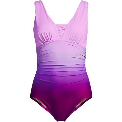 Shape-Badeanzug mit V-Ausschnitt und verstellbaren Trägern SLENDER für Damen in Lang-Größe, Damen, size: regular, Lila, Nylon-Mischung, by Lands' End