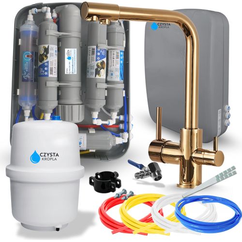 Wasserfilter Set RO7 Slim mit 3-Wege Küchenarmatur Venom Gold, 7-stufige Filtration, Mineralisierung, Jonisierung