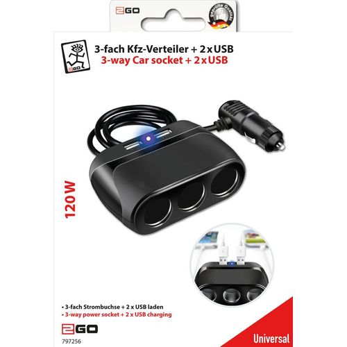2GO 3-Fach Kfz-Verteiler + 2x USB