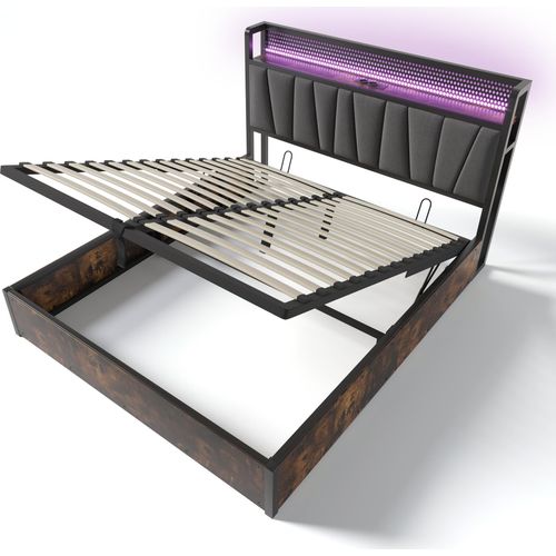 Metallbett 140x200cm Polsterbett (Ohne Matratze) Grau Leinen Doppelbett Mit USB Ladefunktion und LED-Beleuchtung Lattenrost aus Holz