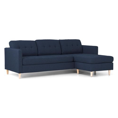 Marino Sofa, Chaiselongsofa rechts oder links gewendet in blauen Stoff mit Holzbeinen.