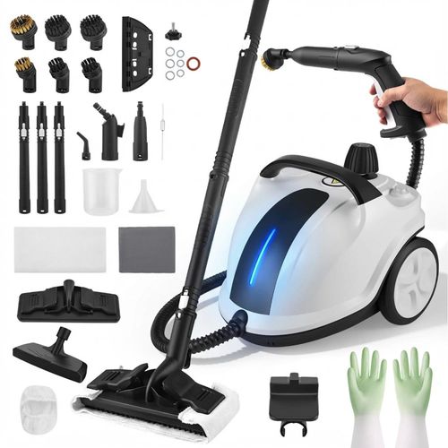 Dampfreiniger 2000W, Dampfbesen mit 5 Bar Druck, 2000ml Tank für 100m² Fläche, 18-teiliges Zubehörset, Multifunktionaler Dampfreiniger mit LED-Anzeige