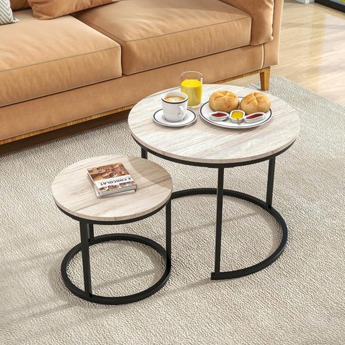 HOJINLINERO Kleiner runder Couchtisch 2er-Set Weiß Oak