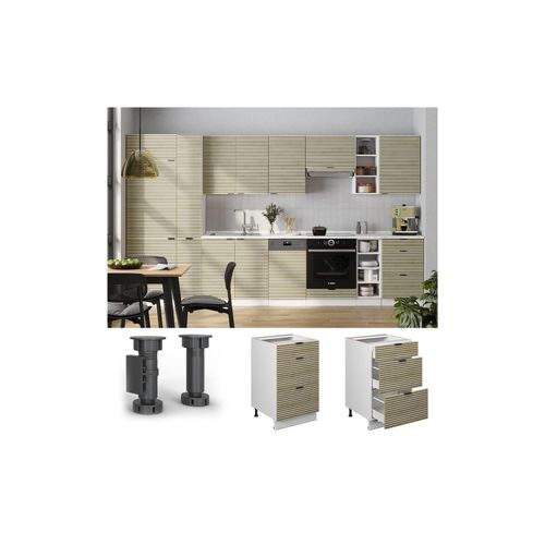 Vicco Schubladenunterschrank Fame-Line Weiß Eiche gefräst 50 cm mit Arbeitsplatte Marmor-Weiß