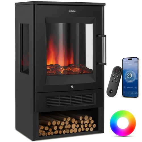 tectake® Elektrokamin, 2 Leistungsstufen mit 900 W und 1800 W, 8 Farbeinstellungen und 5 Helligkeitsstufen, mit Fernbedienung und App-Steuerung