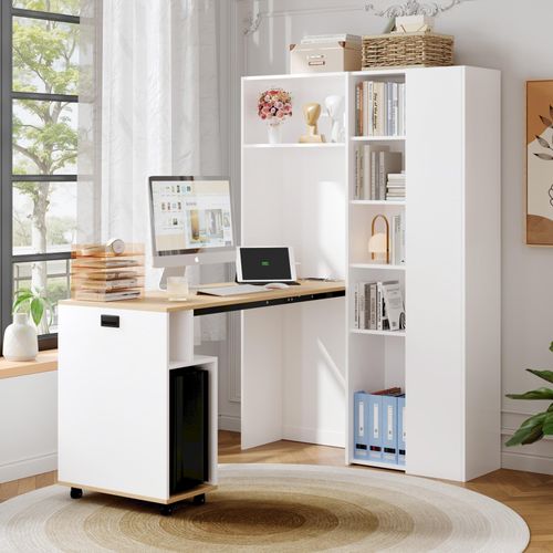 STILVORA 2-in-1 Klapptisch mit Bücherregal und Schreibtisch-Fuktion,Eck-Schreibtisch mit Ablagen und Steckdose&USB-Anschluss,mit Kippschutz,Weiß
