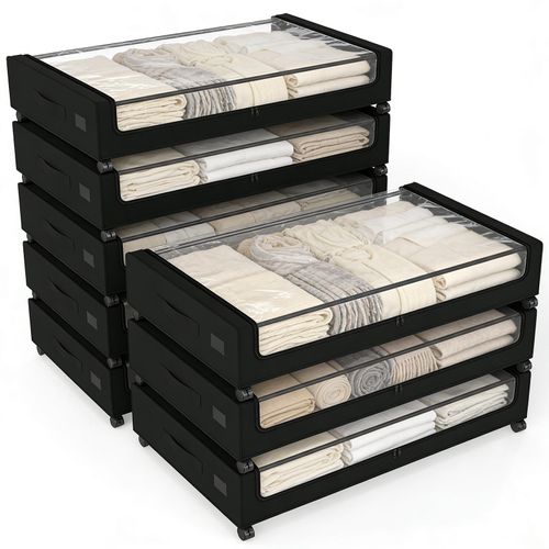 Unterbett Aufbewahrungsboxen mit Deckel schwarz – Organizer mit Rollen und Griff, Aufbewahrungstasche für Kleidung zur Aufbewahrung im Schrank