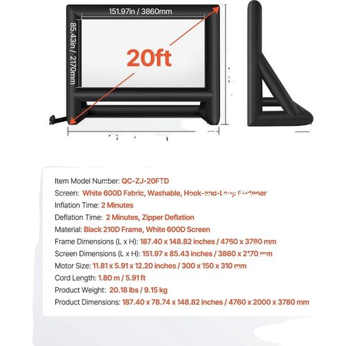 Aufblasbare Projektorleinwand, schnelle Einrichtung, vielseitige Verwendung, 20FT