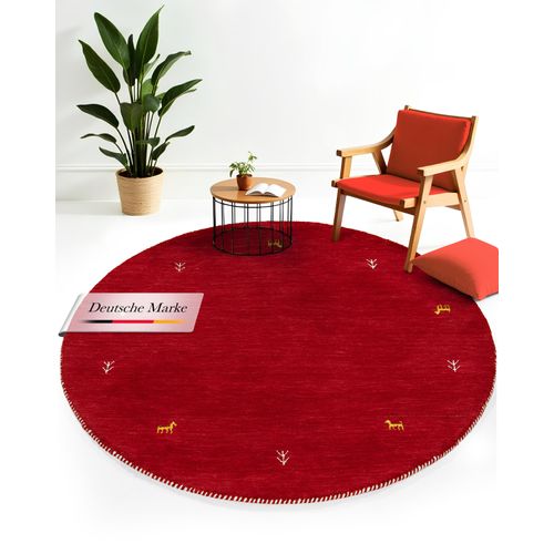 Wollteppich CARPETFINE "Gabbeh Uni", rot, H:15mm Ø:80cm, Wolle, Teppiche, Wollteppich, reine Wolle handgewebt, Gabbeh Tiermotiv warmes Raumklima viele Größen