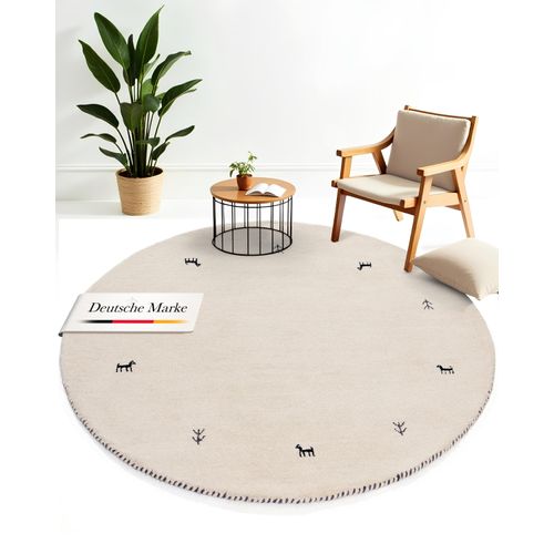 Wollteppich CARPETFINE "Gabbeh Uni", weiß, H:15mm Ø:300cm, Wolle, Teppiche, Wollteppich, reine Wolle handgewebt, Gabbeh Tiermotiv warmes Raumklima viele Größen